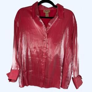 Vintage Milano Metallic Pink Crinkle Button Down Blouse XL Y2K Glam Party‎ Top